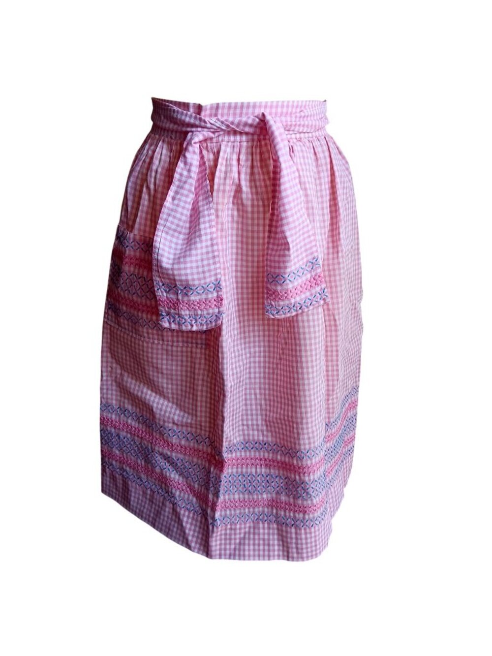 True Vintage 1950's Pink Gingham Kitchen Apron Crosstitch Embroidered Pockets